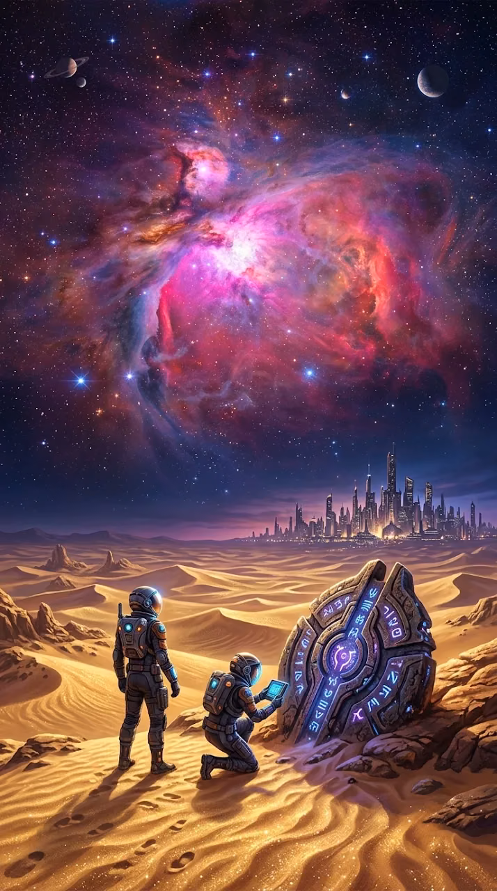 Download Sci-Fi Desert Landscape with Glowing Nebula and Alien Artifact Wallpaper in Mobile HD Sci-Fi Desert Landscape with Glowing Nebula and Alien Artifact - Free Mobile AMOLED Wallpaper Background