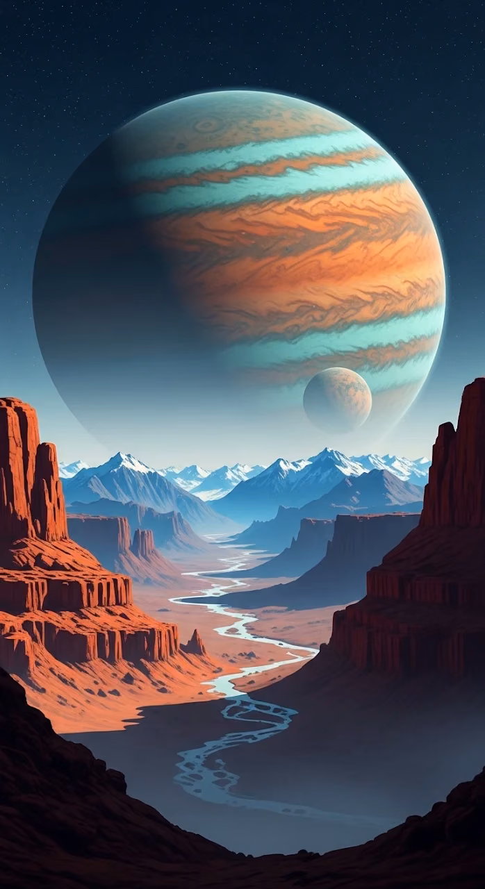 Download Sci-Fi Illustration of a Red Rocky Canyon with a Gas Giant in the Sky Wallpaper in Mobile HD Sci-Fi Illustration of a Red Rocky Canyon with a Gas Giant in the Sky - Free Mobile AMOLED Wallpaper Background