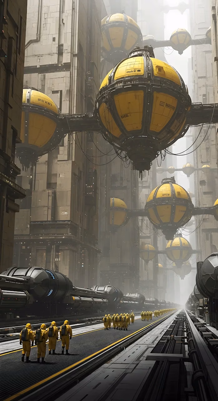 Download Sci-Fi Megacity Hazmat Workers Yellow Orbs Foggy Street Wallpaper in Mobile HD Sci-Fi Megacity Hazmat Workers Yellow Orbs Foggy Street - Free Mobile AMOLED Wallpaper Background