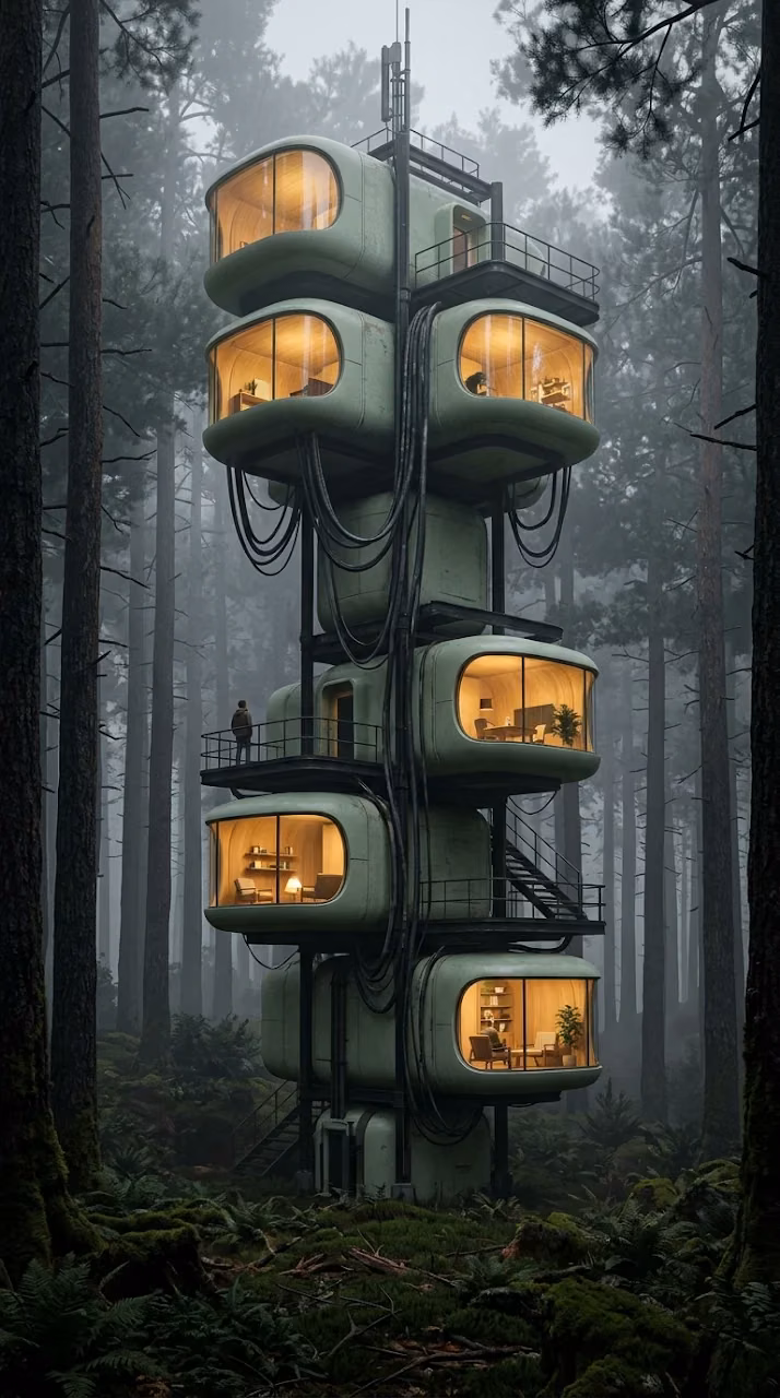 Sci-Fi Modular Tower Cabin in Misty Redwood Forest - Free Mobile AMOLED Wallpaper Background
