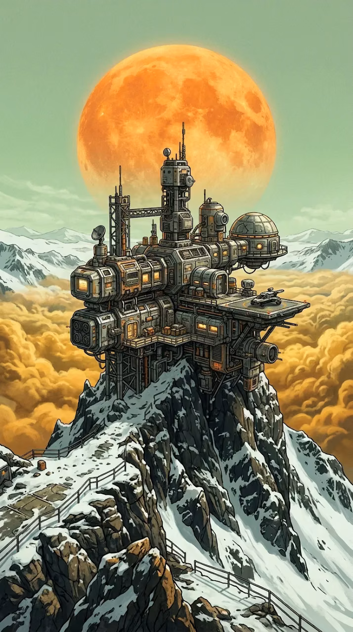 Download Sci-Fi Research Station on Snowy Peak with Large Orange Sun Wallpaper in Mobile HD Sci-Fi Research Station on Snowy Peak with Large Orange Sun - Free Mobile AMOLED Wallpaper Background