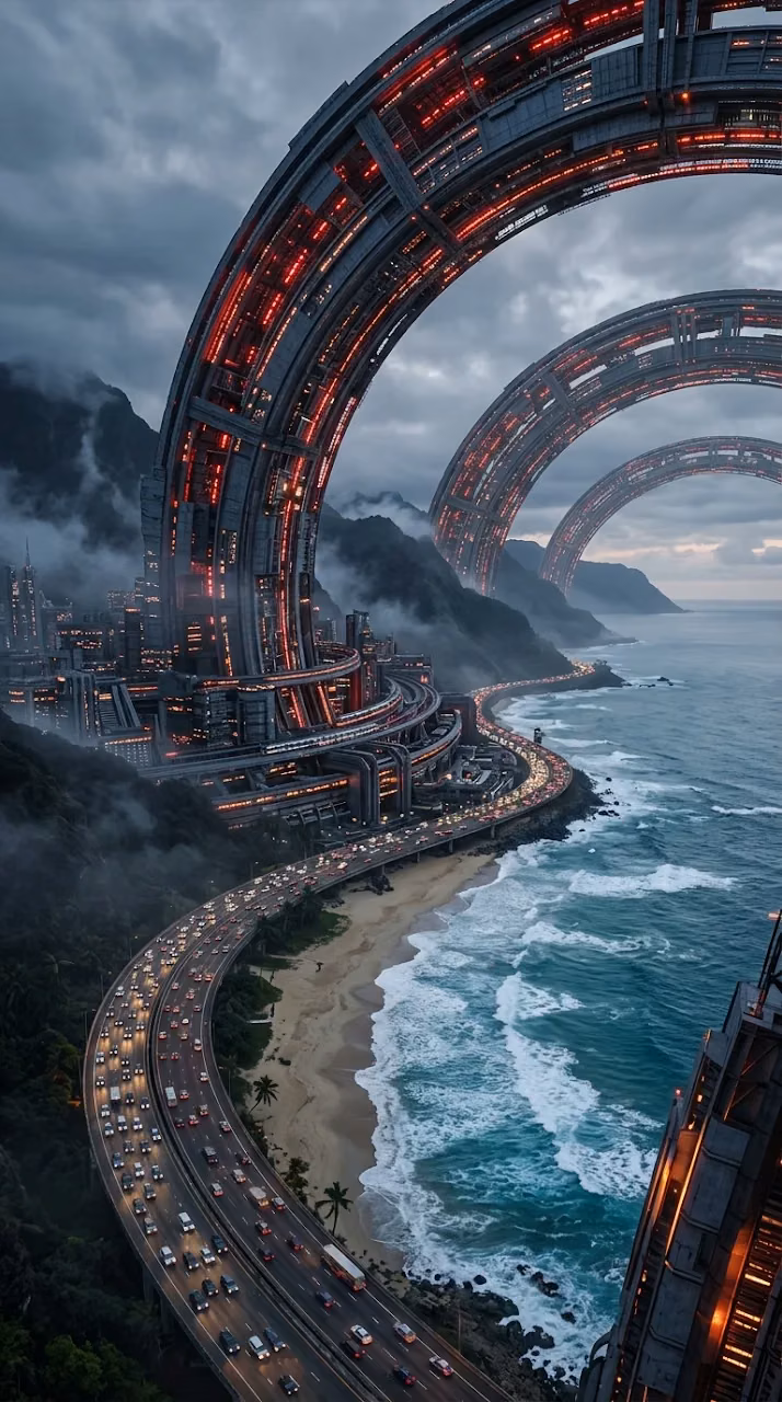 Sci-Fi Ring City Coastline Highway Digital Art - Free Mobile AMOLED Wallpaper Background