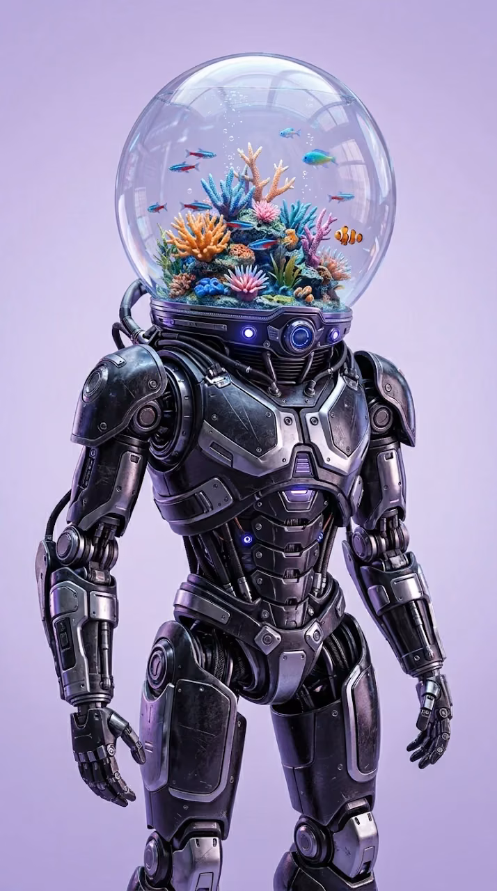 Sci-Fi Robot Figure with Aquarium Glass Helmet and Coral - Free Mobile AMOLED Wallpaper Background