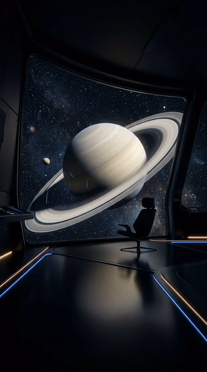 Sci-Fi Room Overlooking Saturn Planet Wallpaper - Free Mobile AMOLED Wallpaper Background