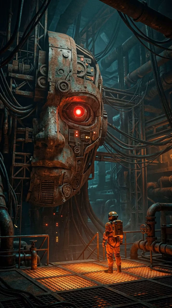 Sci-Fi Scene of an Explorer Before a Massive Cybernetic Face - Free Mobile AMOLED Wallpaper Background