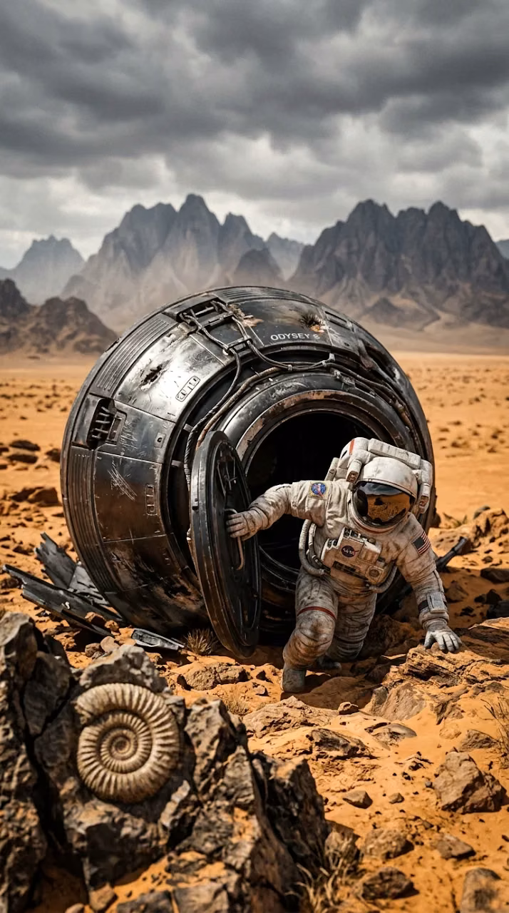 Sci-Fi Scene Featuring Crashed Space Pod and Ancient Fossil - Free Mobile AMOLED Wallpaper Background
