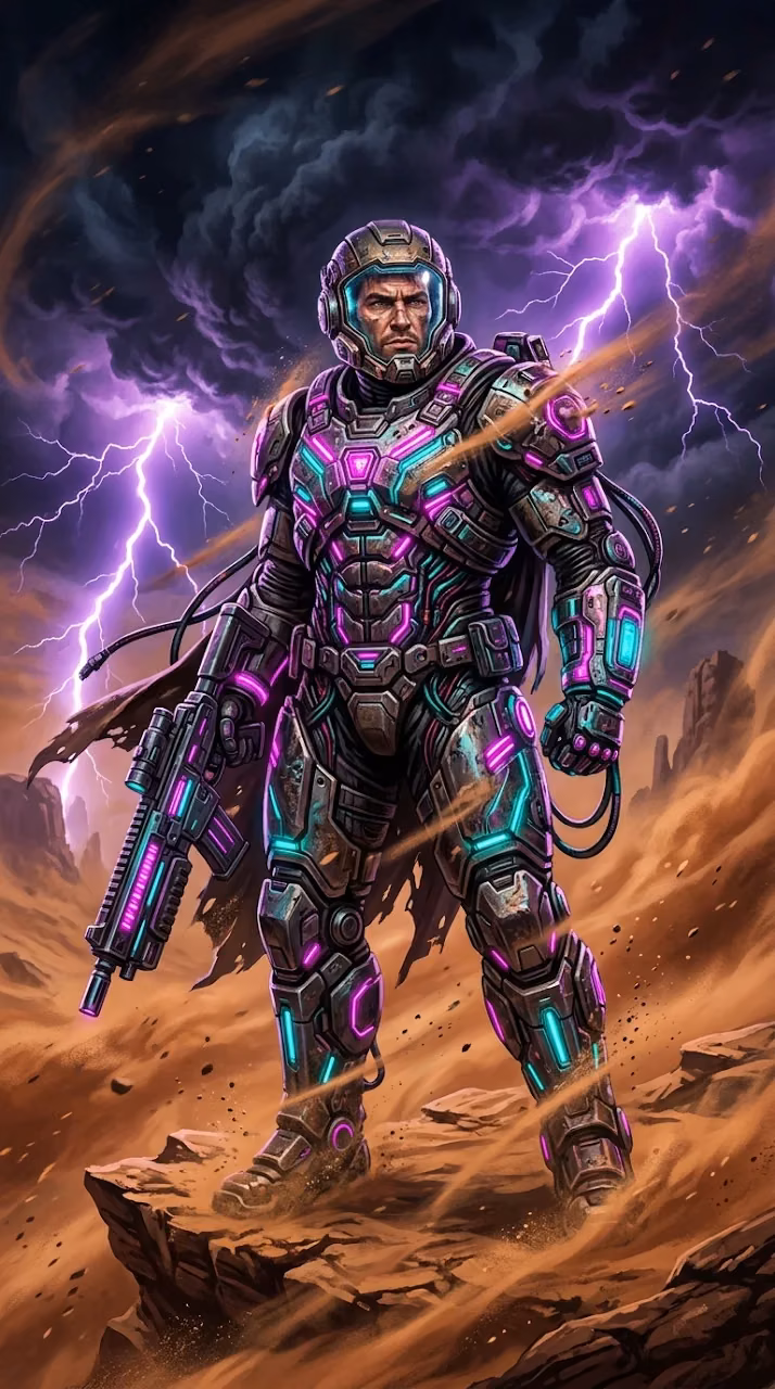 Sci-Fi Soldier in Neon Pink and Teal Armor in Desert Storm - Free Mobile AMOLED Wallpaper Background