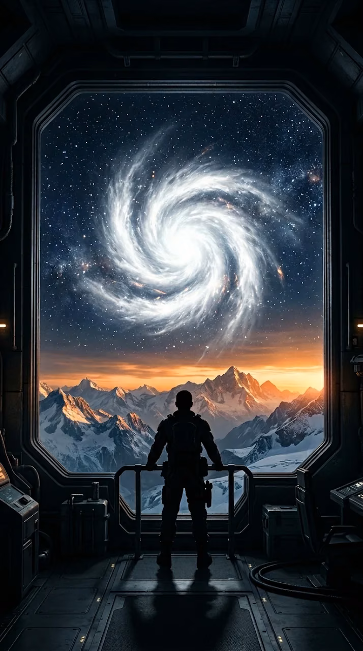 Sci-Fi Space Window View of a Cloud Vortex and Snowy Mountains - Free Mobile AMOLED Wallpaper Background
