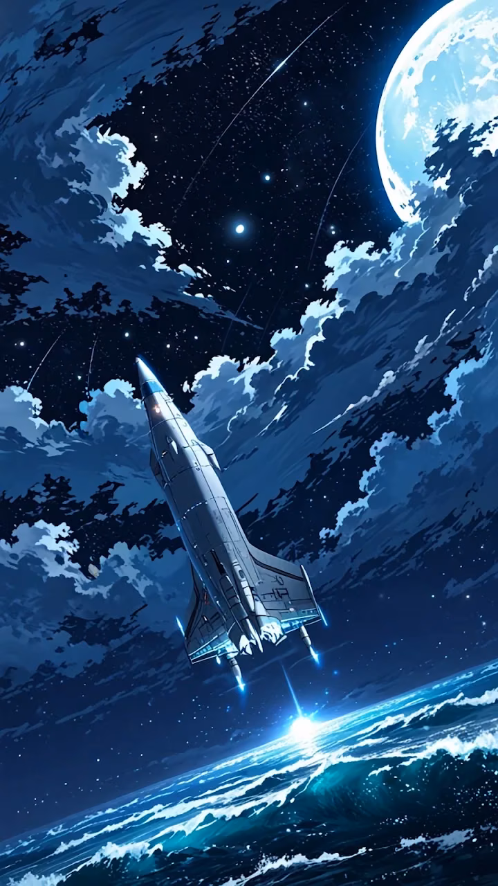 Sci-Fi Spaceship Launching from Earth Toward Giant Moon - Free Mobile AMOLED Wallpaper Background