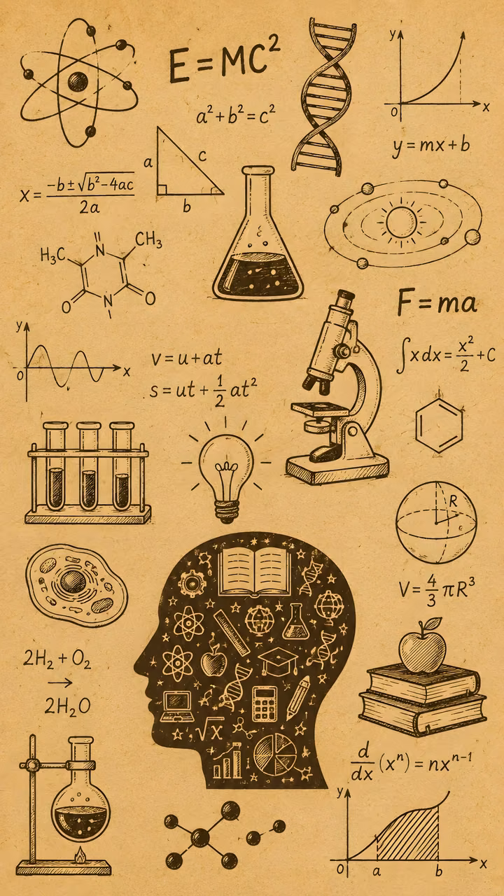 A busy array of brown hand-drawn science, chemistry, physics, and biology doodles over a light tan background.