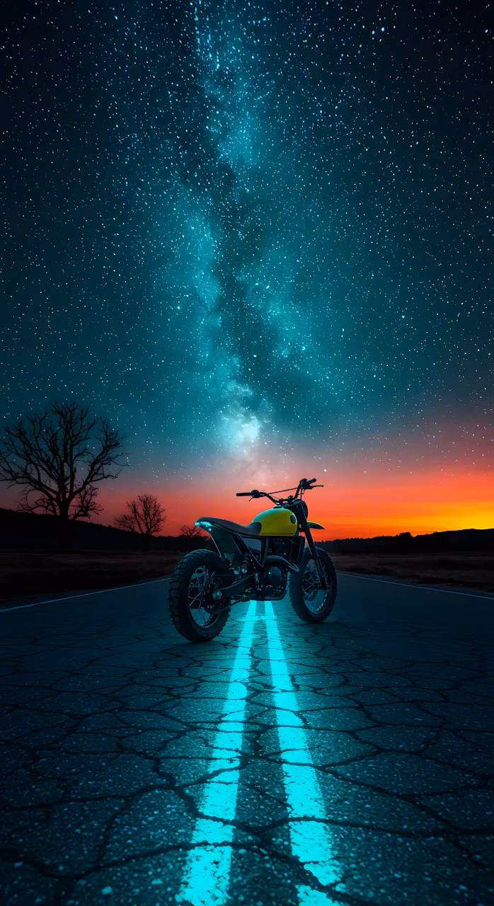 Download Scrambler Motorcycle on Neon Road Under the Milky Way Wallpaper in Mobile HD Scrambler Motorcycle on Neon Road Under the Milky Way - Free Mobile AMOLED Wallpaper Background