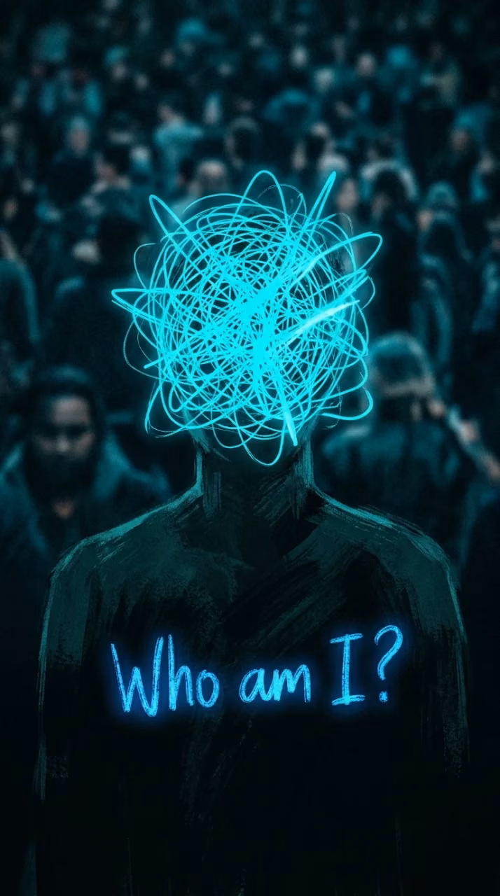 Scribbled Neon Blue Head Silhouette Over Blurred Crowd with Text Who Am I - Free Mobile AMOLED Wallpaper Background