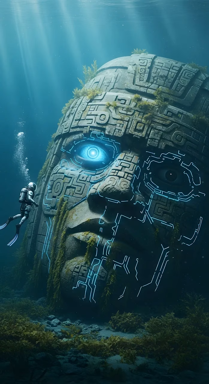 Scuba Diver Exploring Underwater Cybernetic Mayan Statue - Free Mobile AMOLED Wallpaper Background