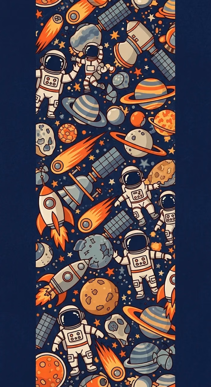 Seamless Pattern of Cartoon Astronauts, Planets, and Rockets on a Dark Blue Background - Free Mobile AMOLED Wallpaper Background
