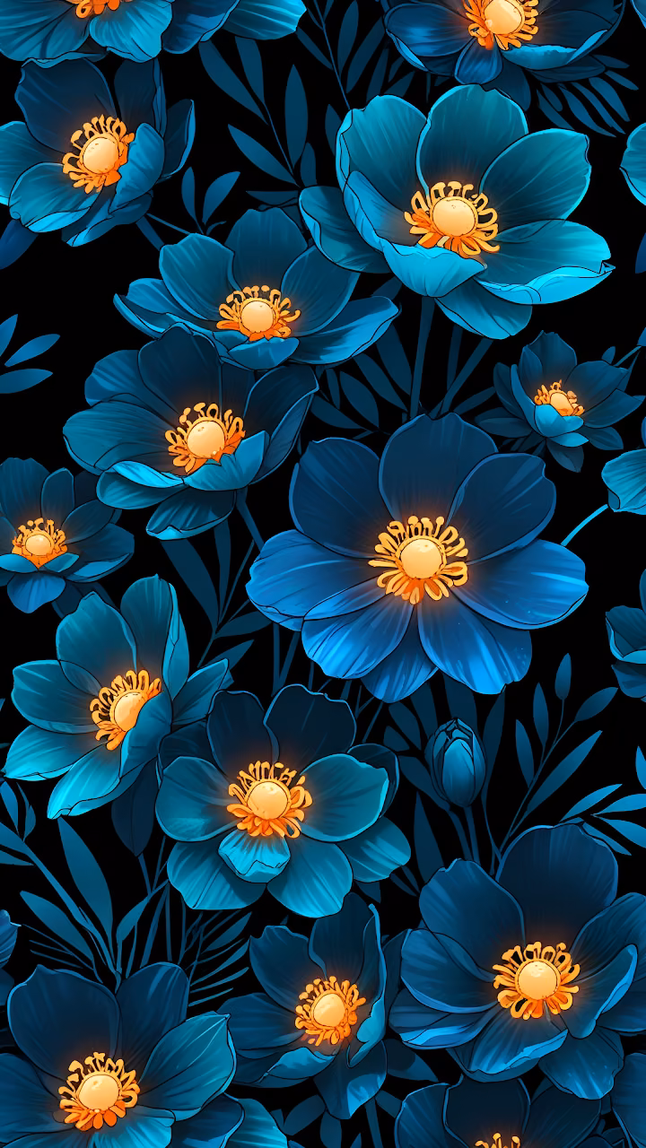Seamless Pattern Glowing Blue Flowers Dark Teal Art - Free Mobile AMOLED Wallpaper Background
