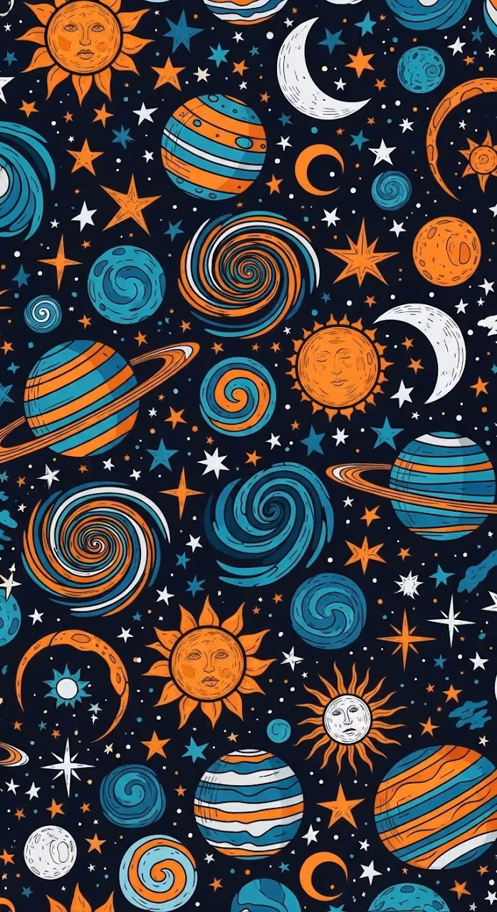Seamless Pattern of Planets, Stars, and Galaxies on a Dark Blue Background - Free Mobile AMOLED Wallpaper Background