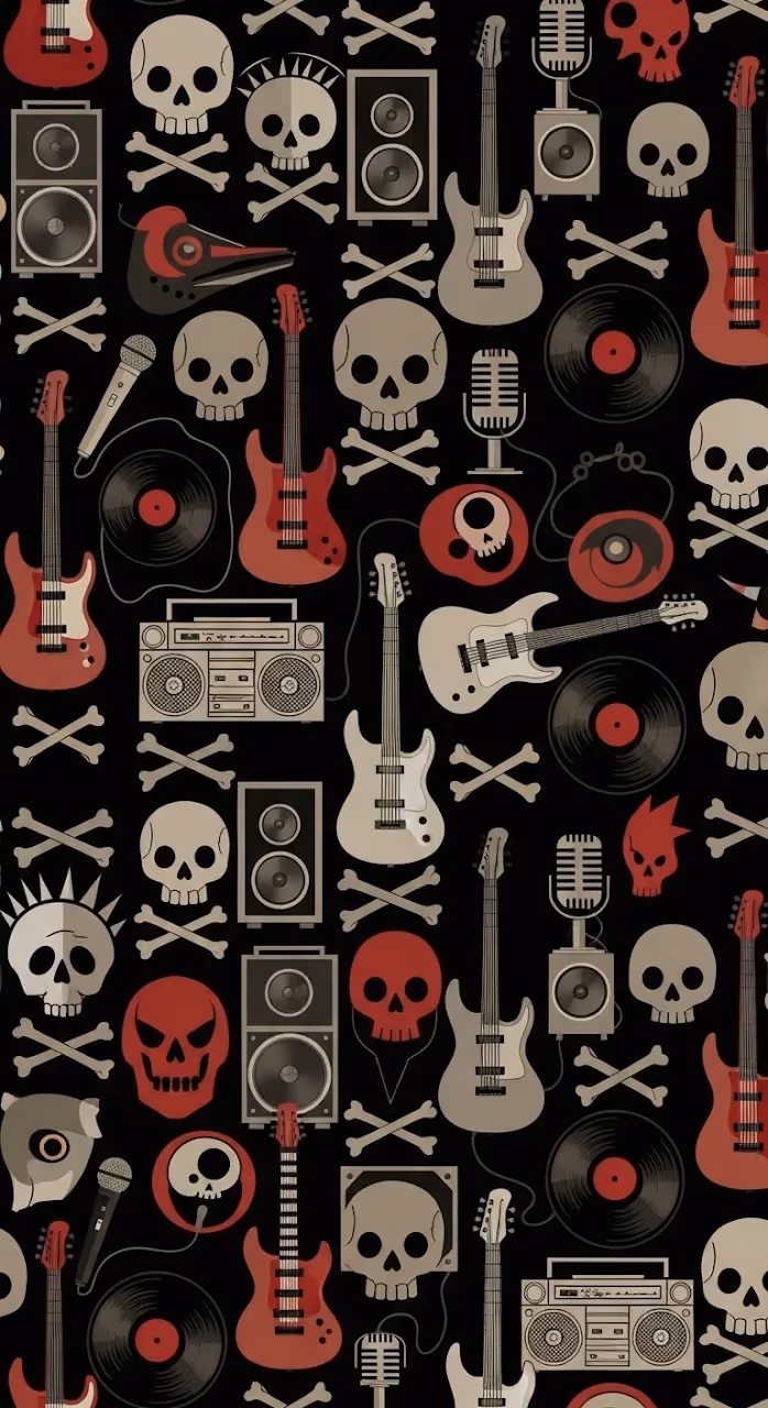 Seamless Pattern of Vintage Rock and Roll Music Icons in Dark Colors - Free Mobile AMOLED Wallpaper Background