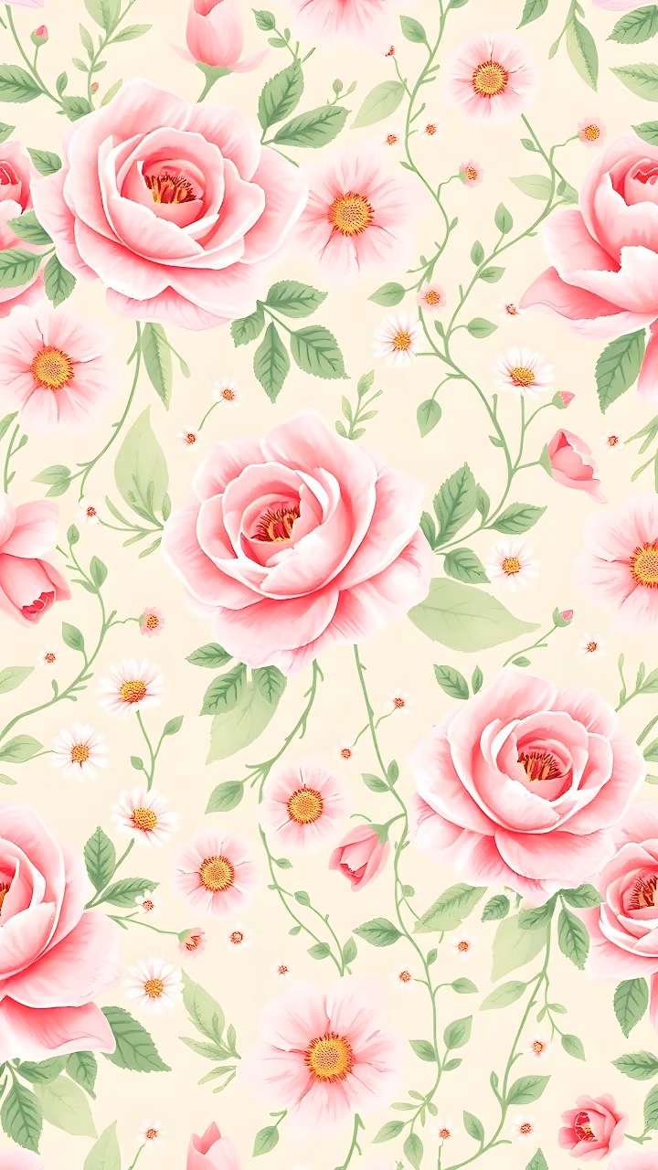 Seamless Pink Rose and Daisy Floral Pattern - Free Mobile AMOLED Wallpaper Background