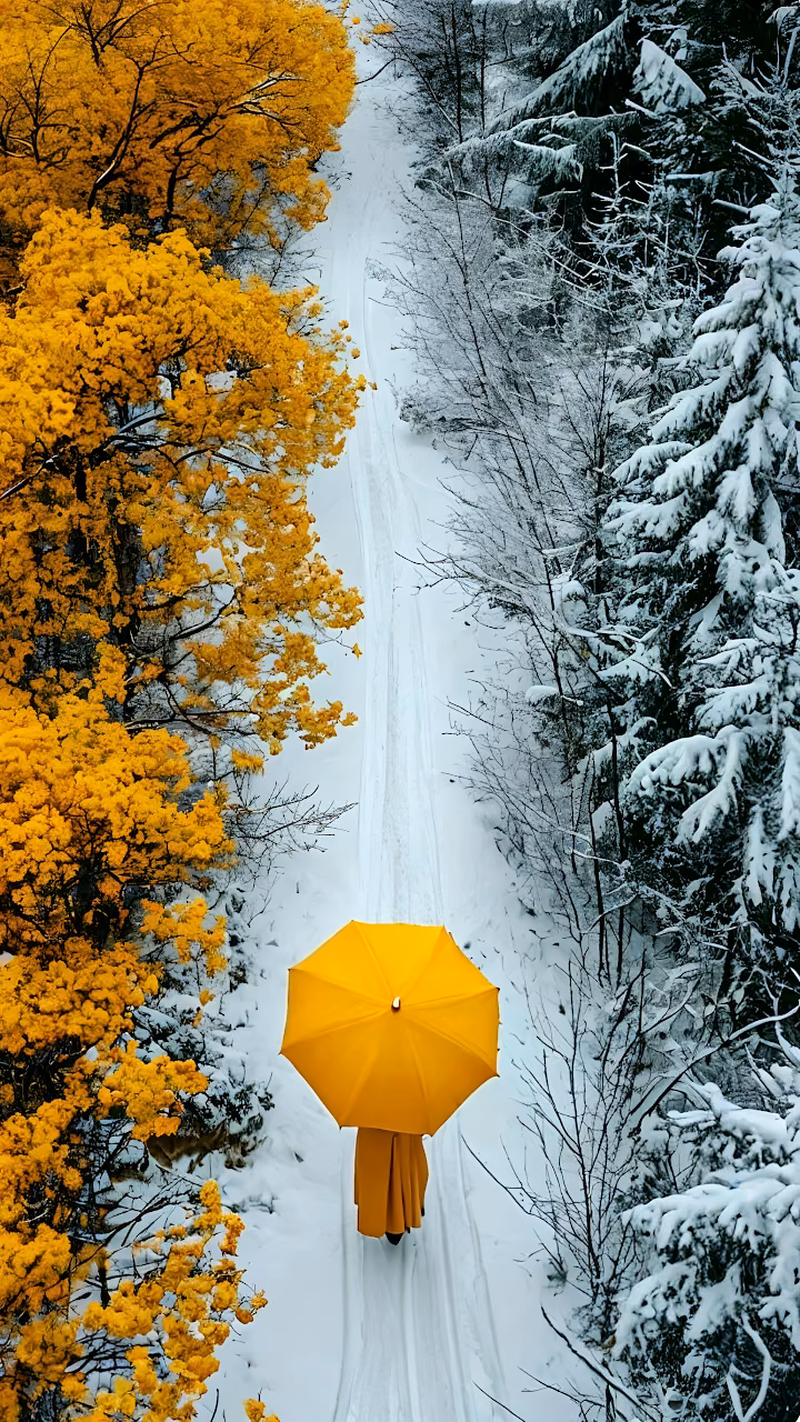 Seasonal Transition Yellow Umbrella Snow Autumn Trees - Free Mobile AMOLED Wallpaper Background