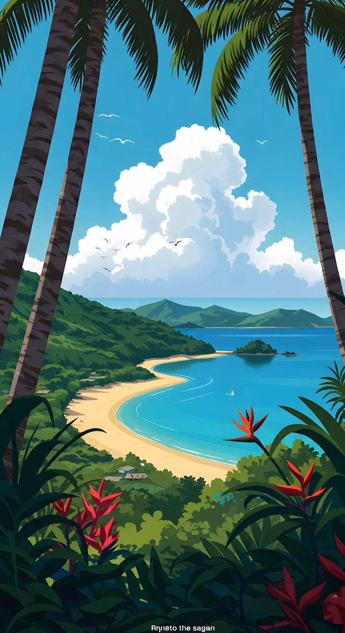 Secluded Tropical Shoreline View Framed by Palm Trunks - Free Mobile AMOLED Wallpaper Background