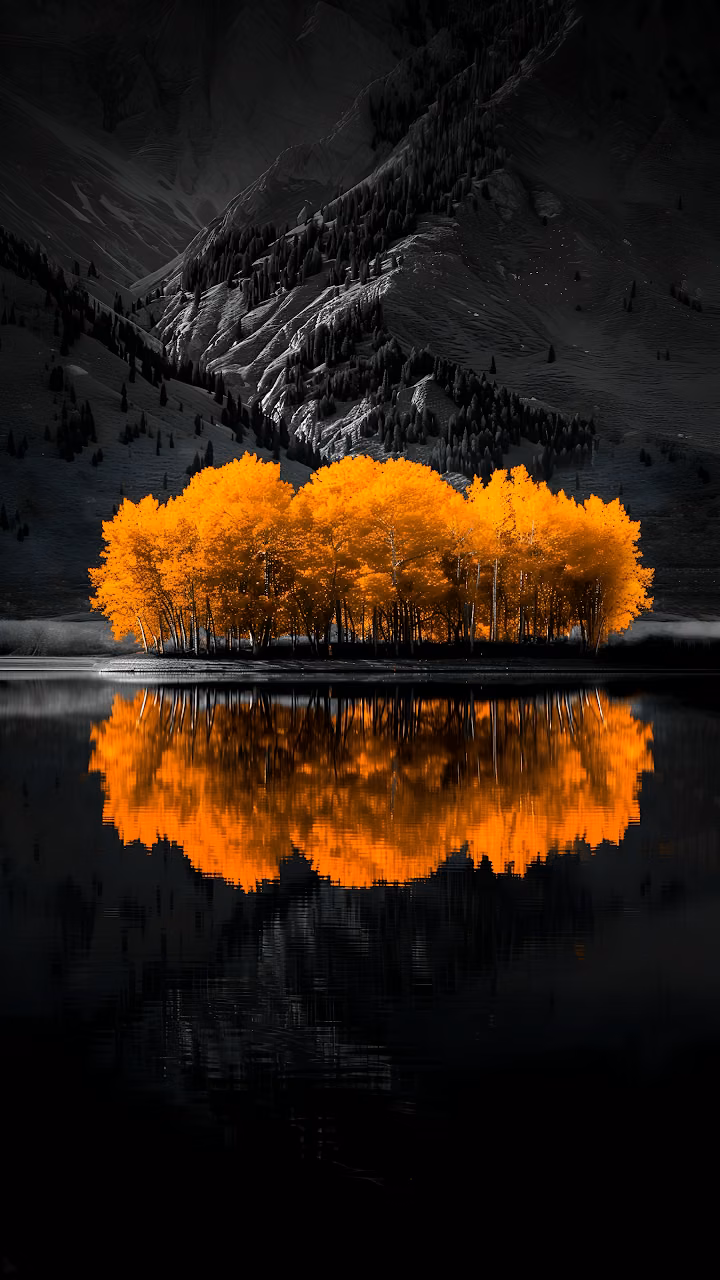 Selective Color Autumn Trees Reflection Monochrome Mountains - Free Mobile AMOLED Wallpaper Background