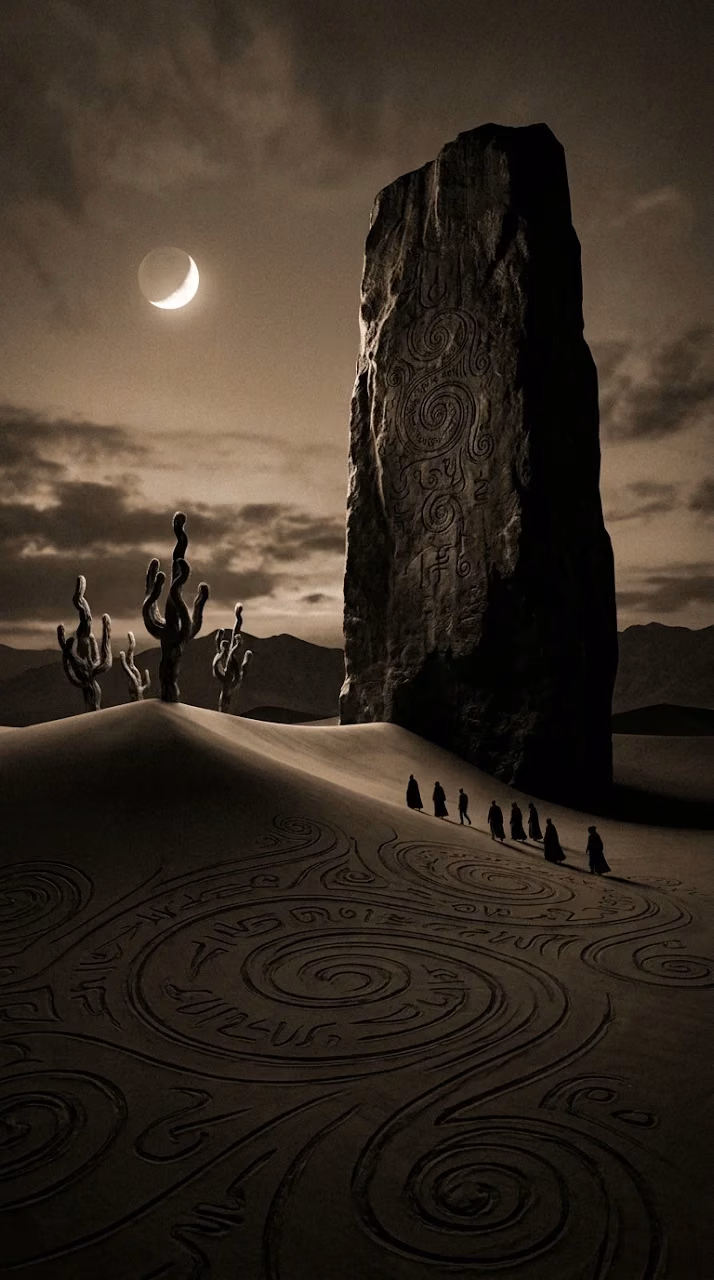 Sepia Surreal Desert Landscape with Dark Monolith and Ancient Symbols - Free Mobile AMOLED Wallpaper Background
