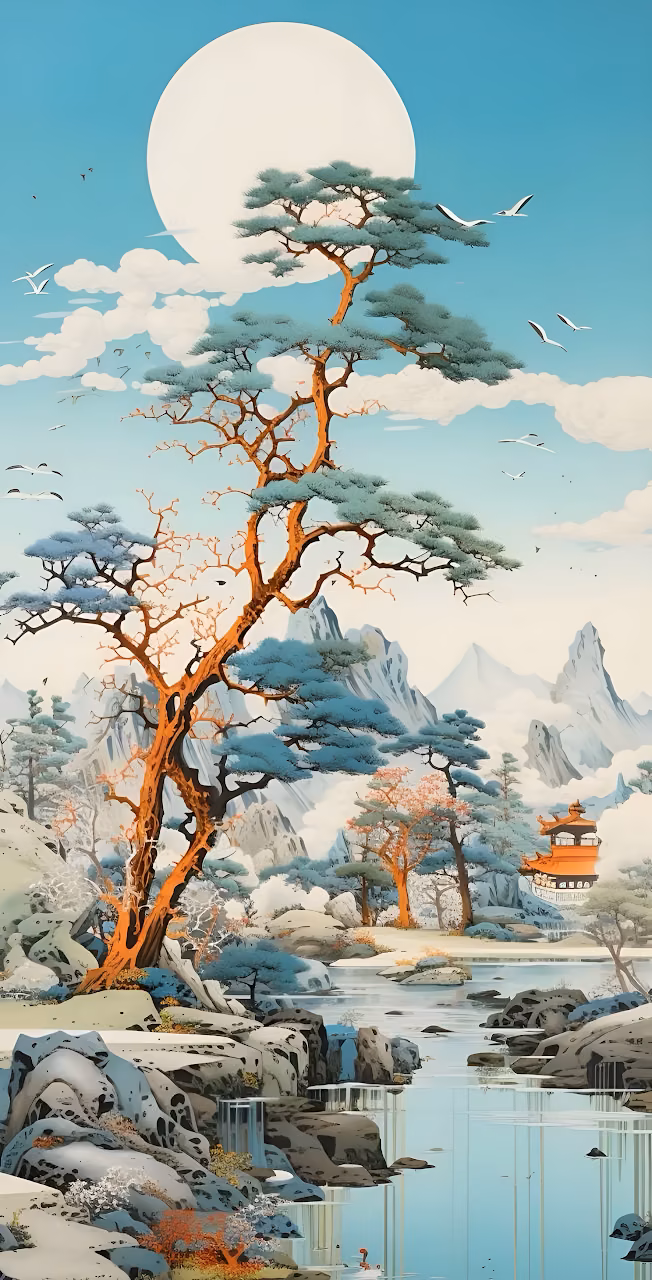Download Serene Asian Landscape Art Giant Moon Pine Tree River Pagoda Wallpaper in Mobile HD Serene Asian Landscape Art Giant Moon Pine Tree River Pagoda - Free Mobile AMOLED Wallpaper Background