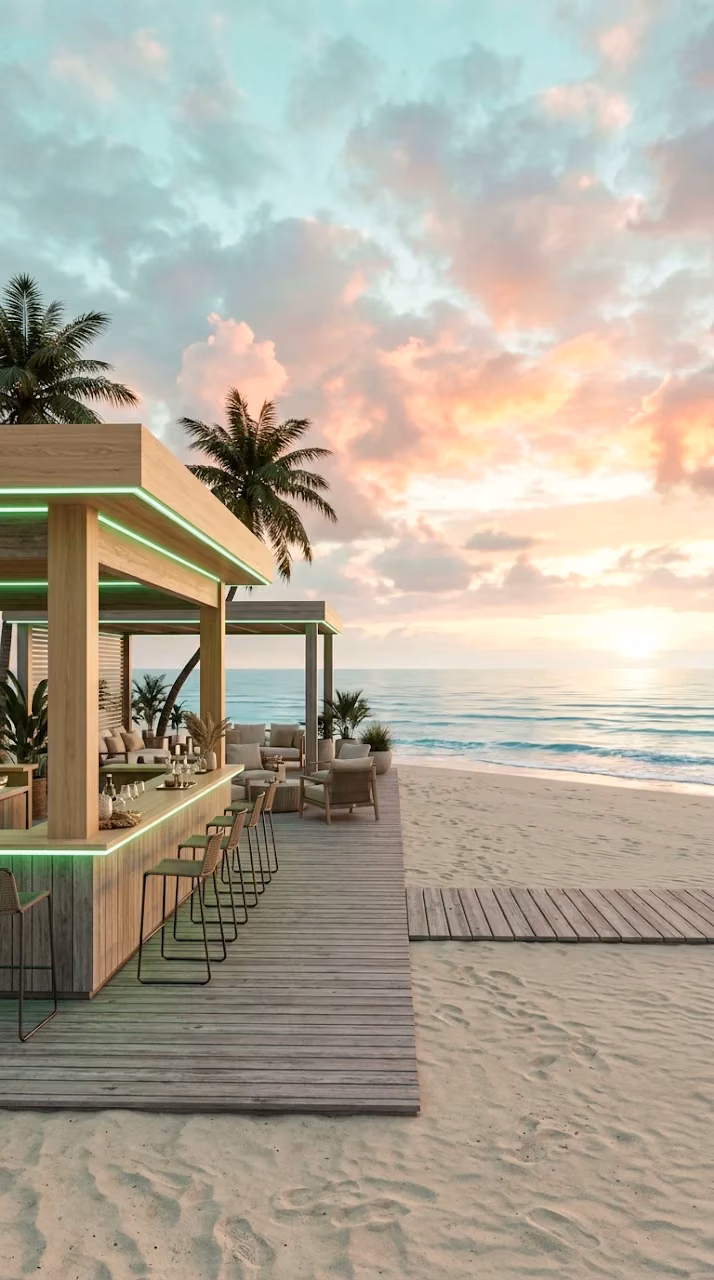 Serene Beachside Lounge at Dawn with Pastel Skies and Neon Accents - Free Mobile AMOLED Wallpaper Background