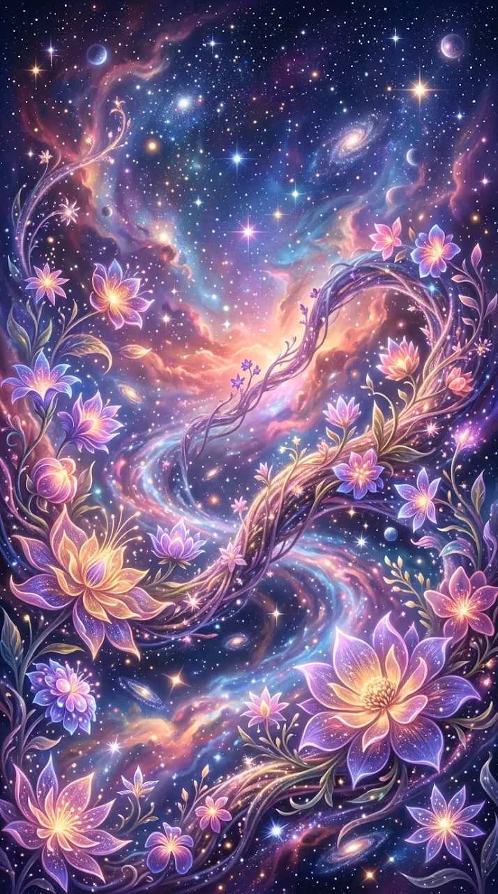 Serene Cosmic Garden with Celestial Flowers and Nebula - Free Mobile AMOLED Wallpaper Background