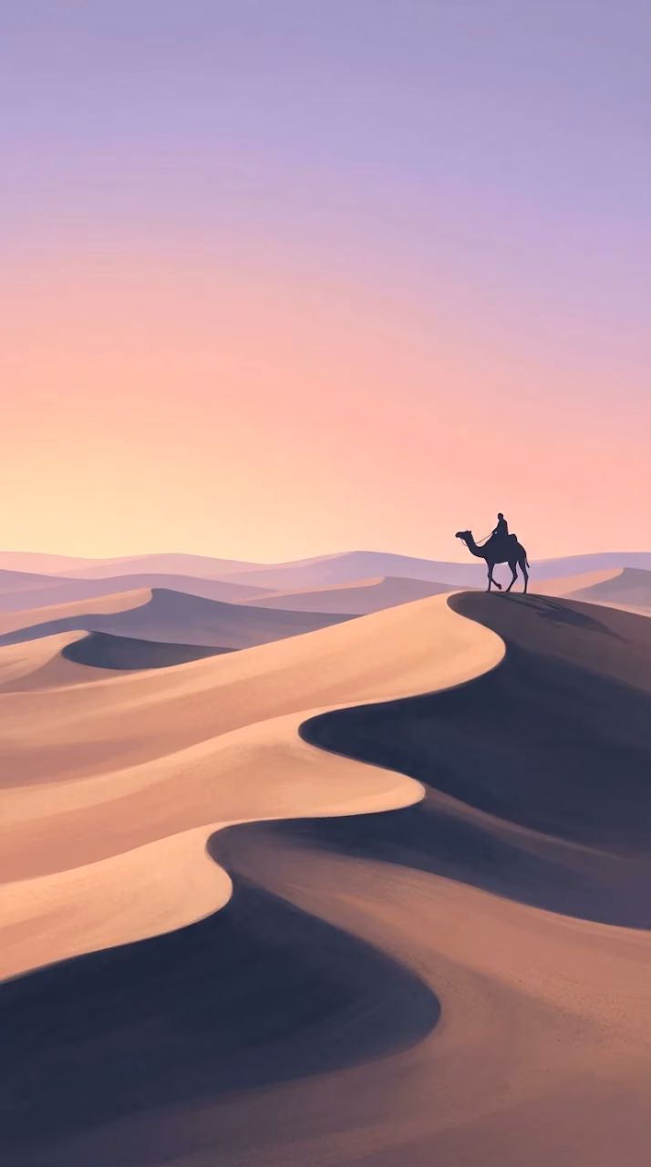 Download Serene Desert Landscape with Camel Silhouette and Pastel Sky Wallpaper in Mobile HD Serene Desert Landscape with Camel Silhouette and Pastel Sky - Free Mobile AMOLED Wallpaper Background
