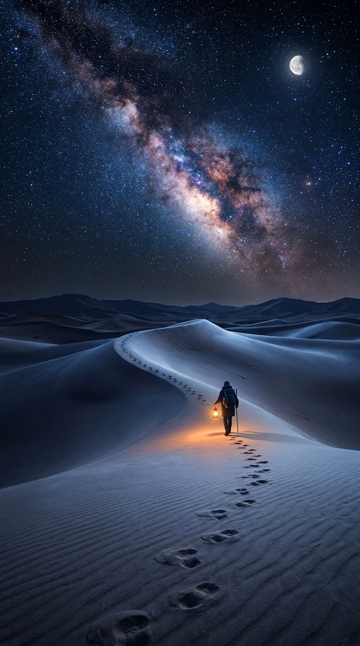 Download Serene Desert Landscape with Wanderer Under the Milky Way Wallpaper in Mobile HD Serene Desert Landscape with Wanderer Under the Milky Way - Free Mobile AMOLED Wallpaper Background