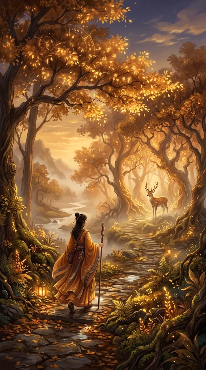 Serene Enchanted Forest with Wanderer, Deer, and Celestial Canopy - Free Mobile AMOLED Wallpaper Background
