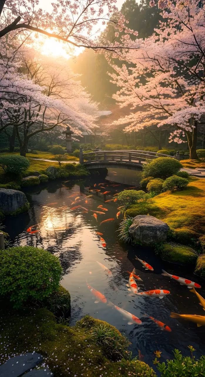 Serene Japanese Garden Pond with Koi and Cherry Blossoms - Free Mobile AMOLED Wallpaper Background