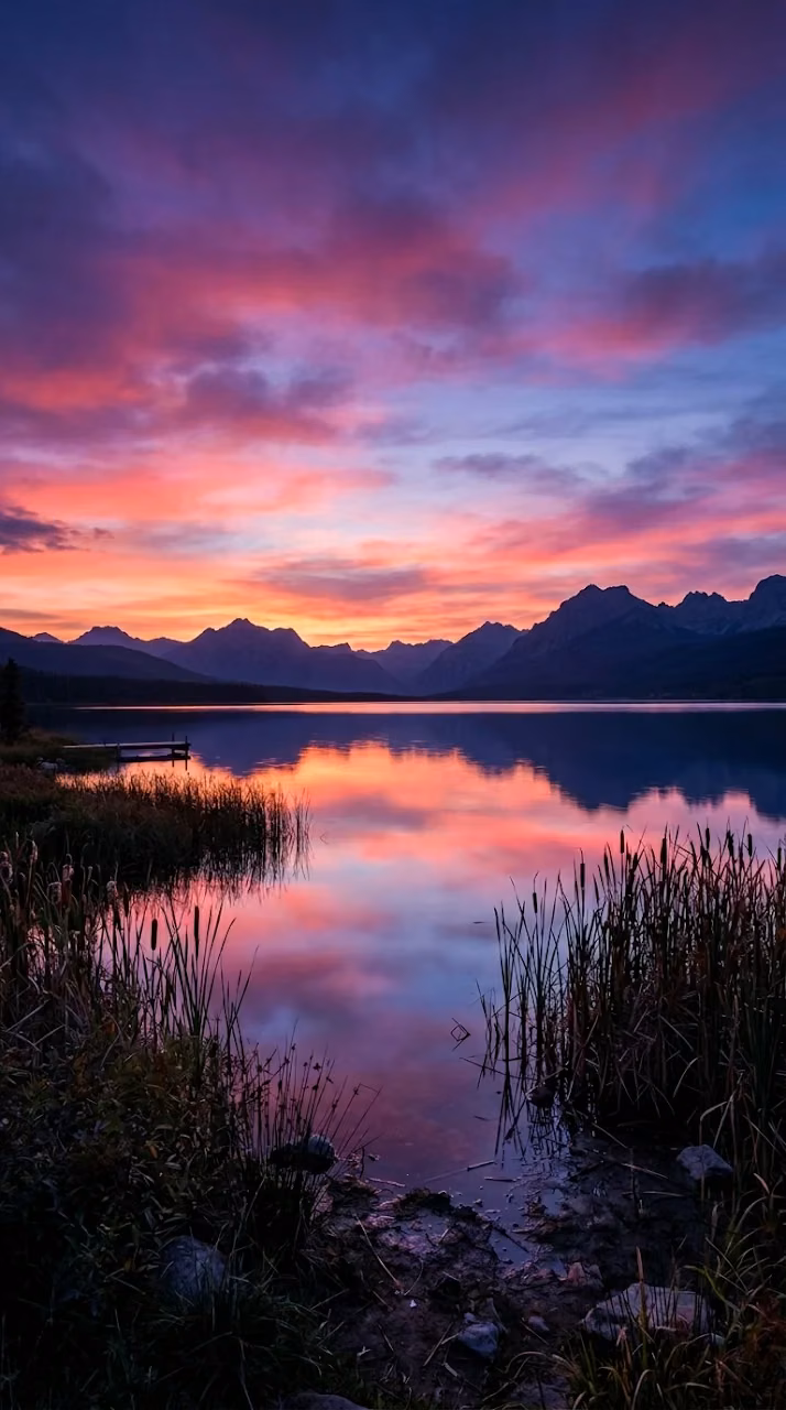 Download Serene Lakeside Sunset with Vibrant Purple and Pink Sky Wallpaper in Mobile HD Serene Lakeside Sunset with Vibrant Purple and Pink Sky - Free Mobile AMOLED Wallpaper Background