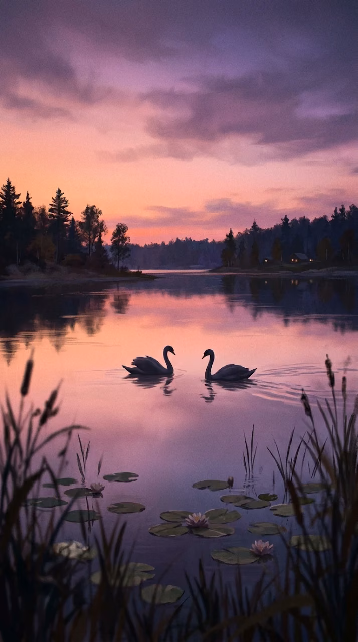 Download Serene Lakeside Twilight with Gliding Swan Silhouettes Wallpaper in Mobile HD Serene Lakeside Twilight with Gliding Swan Silhouettes - Free Mobile AMOLED Wallpaper Background