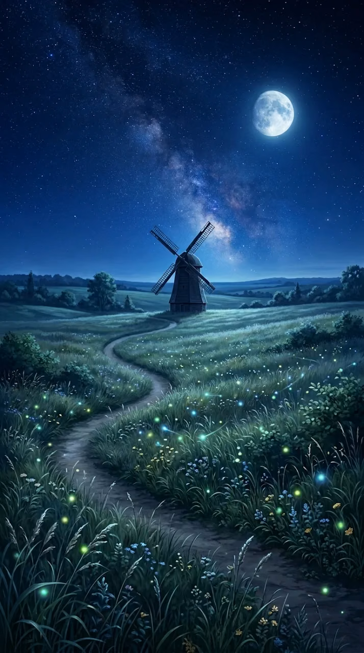 Download Serene Moonlit Prairie with Windmill and Starry Cobalt Sky Wallpaper in Mobile HD Serene Moonlit Prairie with Windmill and Starry Cobalt Sky - Free Mobile AMOLED Wallpaper Background
