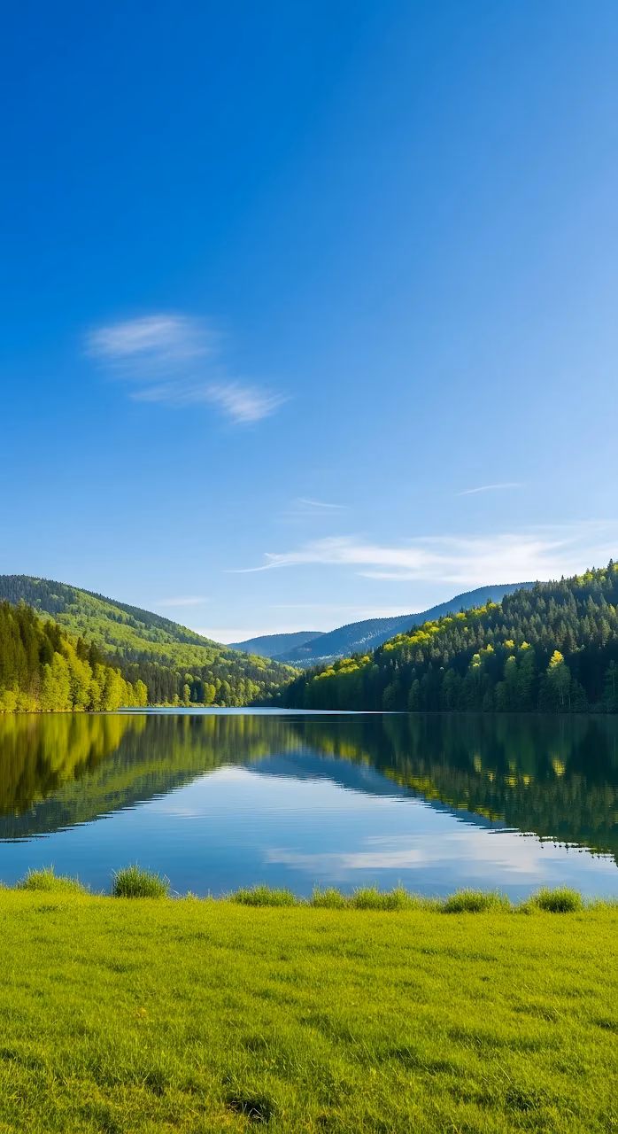 Serene Mountain Lake Reflection Sunny Forest View - Free Mobile AMOLED Wallpaper Background