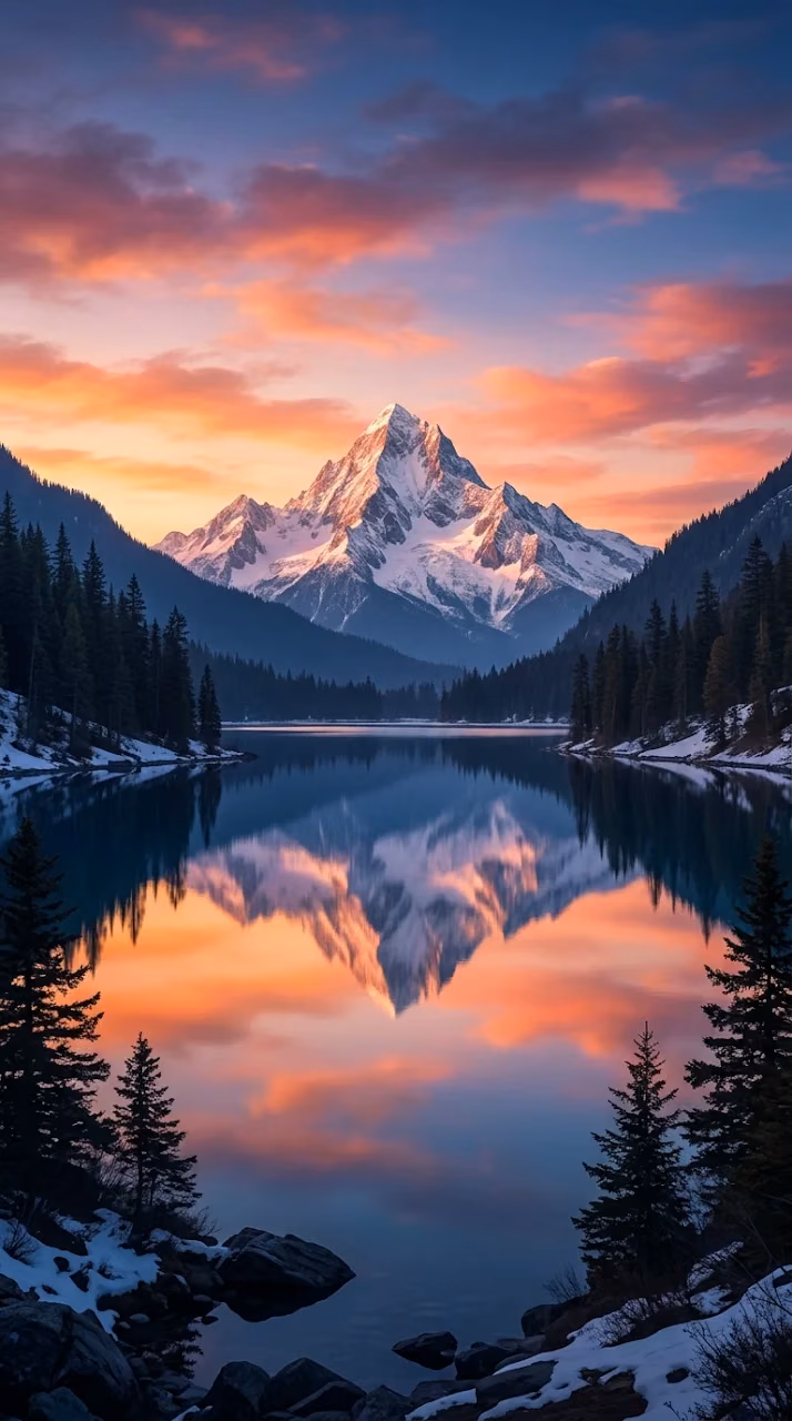 Download Serene Mountain Landscape at Dusk Illustration Wallpaper in Mobile HD Serene Mountain Landscape at Dusk Illustration - Free Mobile AMOLED Wallpaper Background
