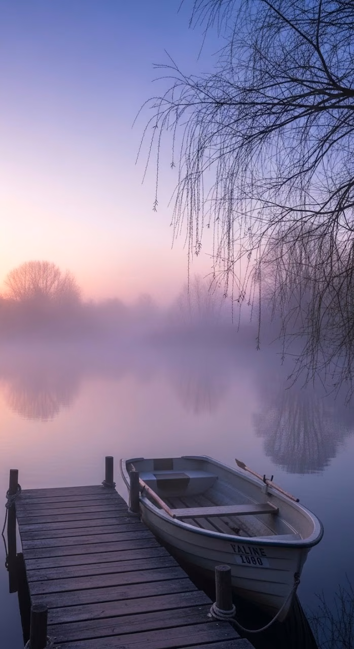 Serene Rowboat on a Misty Sunrise Lake - Free Mobile AMOLED Wallpaper Background