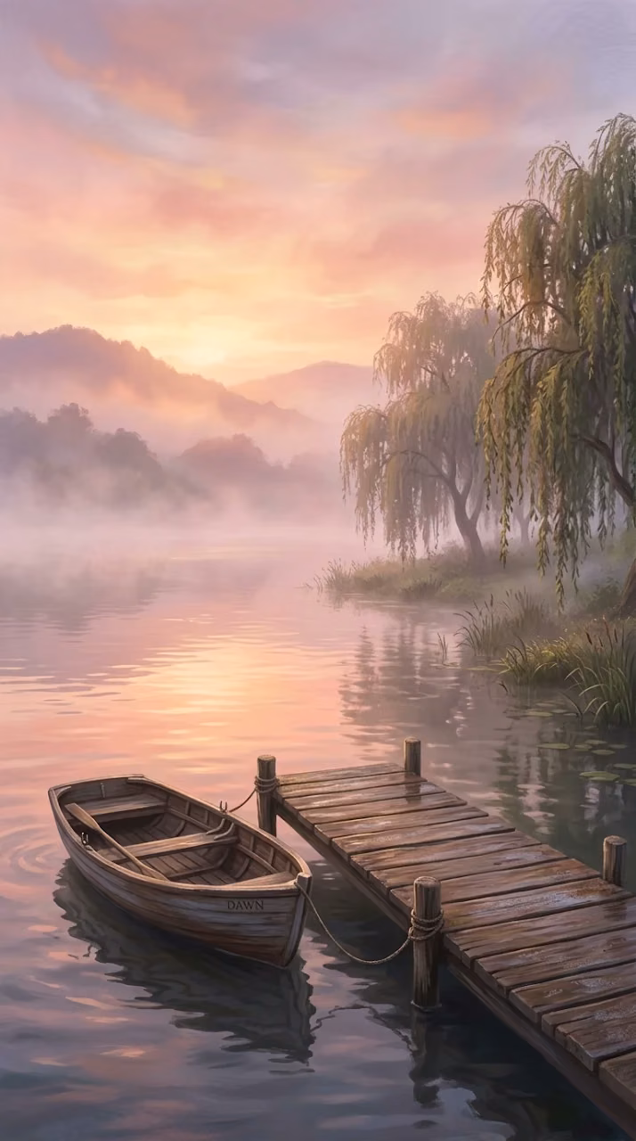 Download Serene Sunrise Over Misty Lake with Rowboat and Willow Trees Wallpaper in Mobile HD Serene Sunrise Over Misty Lake with Rowboat and Willow Trees - Free Mobile AMOLED Wallpaper Background