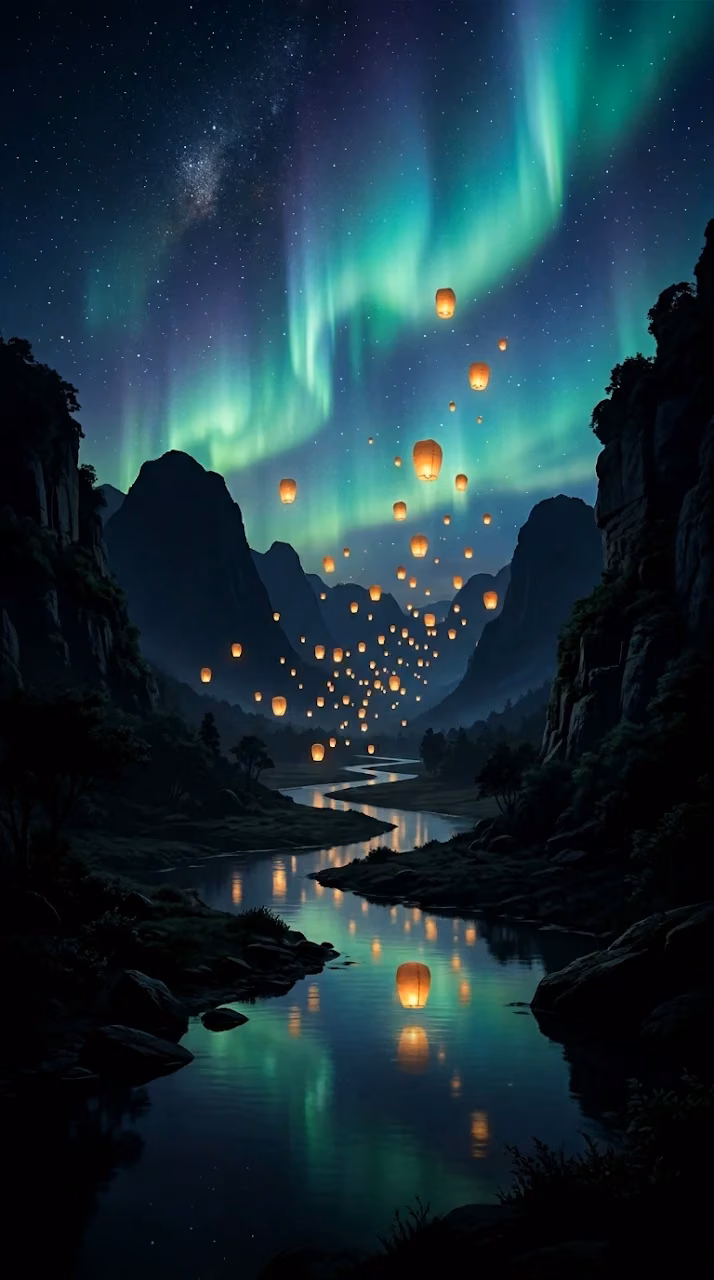 Serene Valley Floating Lanterns Aurora Sky Mobile Wallpaper - Free Mobile AMOLED Wallpaper Background