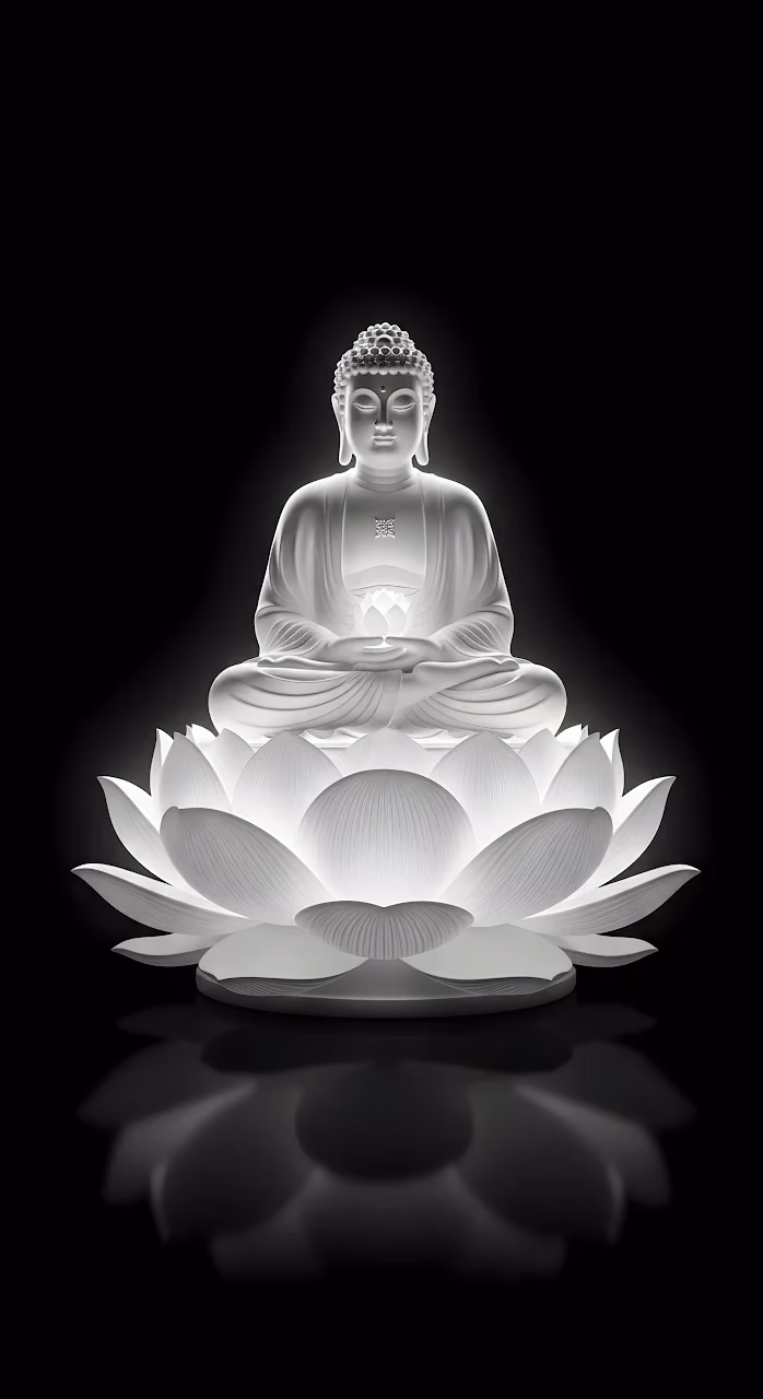 Serene White Buddha Statue on Glowing Lotus Flower - Free Mobile AMOLED Wallpaper Background