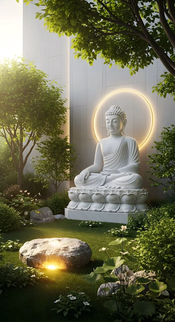 Serene White Buddha Statue with Neon Halo in Modern Zen Garden - Free Mobile AMOLED Wallpaper Background