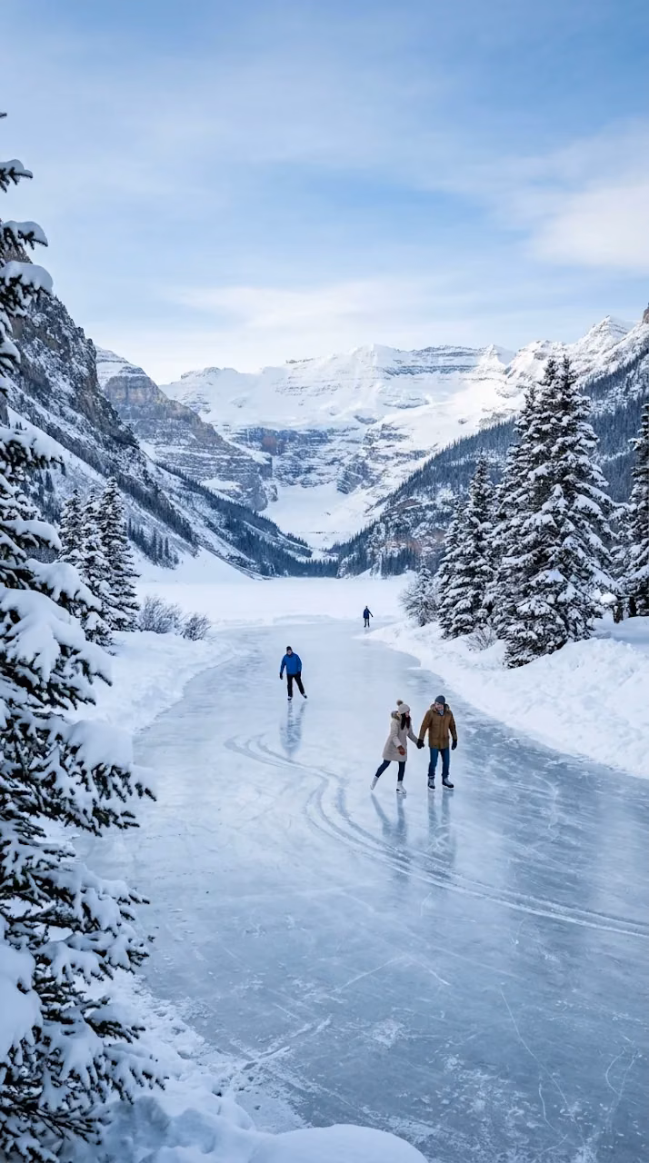 Serene Winter Scene with Frozen Lake Snow-Covered Trees and Skaters - Free Mobile AMOLED Wallpaper Background
