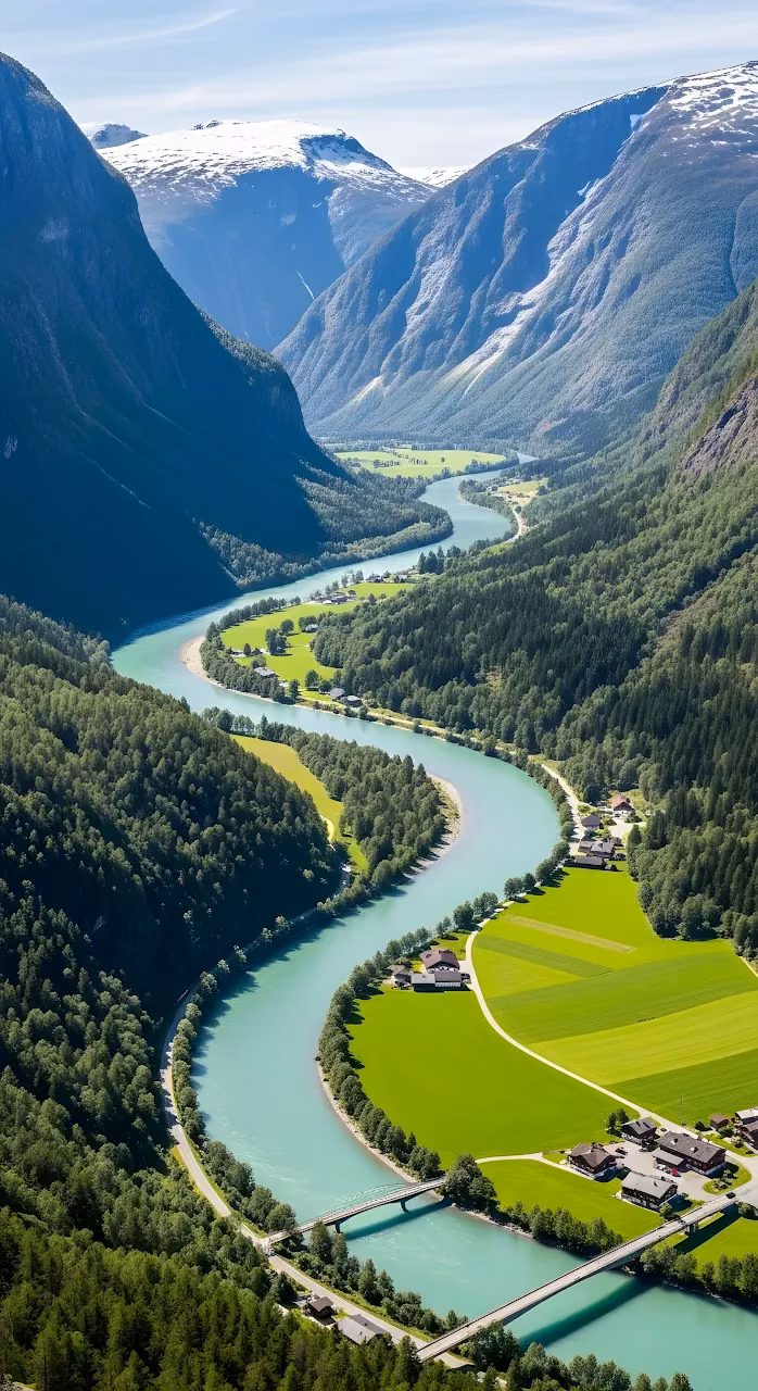 Serpentine River Valley in Norway with Snow Capped Mountains - Free Mobile AMOLED Wallpaper Background