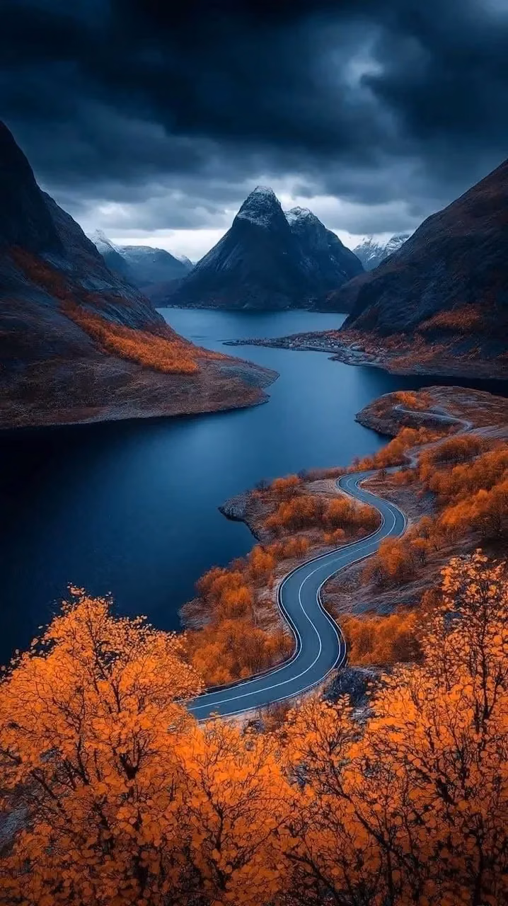 Download Serpentine Road Fjord Valley Autumn Foliage Mountains Wallpaper in Mobile HD Serpentine Road Fjord Valley Autumn Foliage Mountains - Free Mobile AMOLED Wallpaper Background