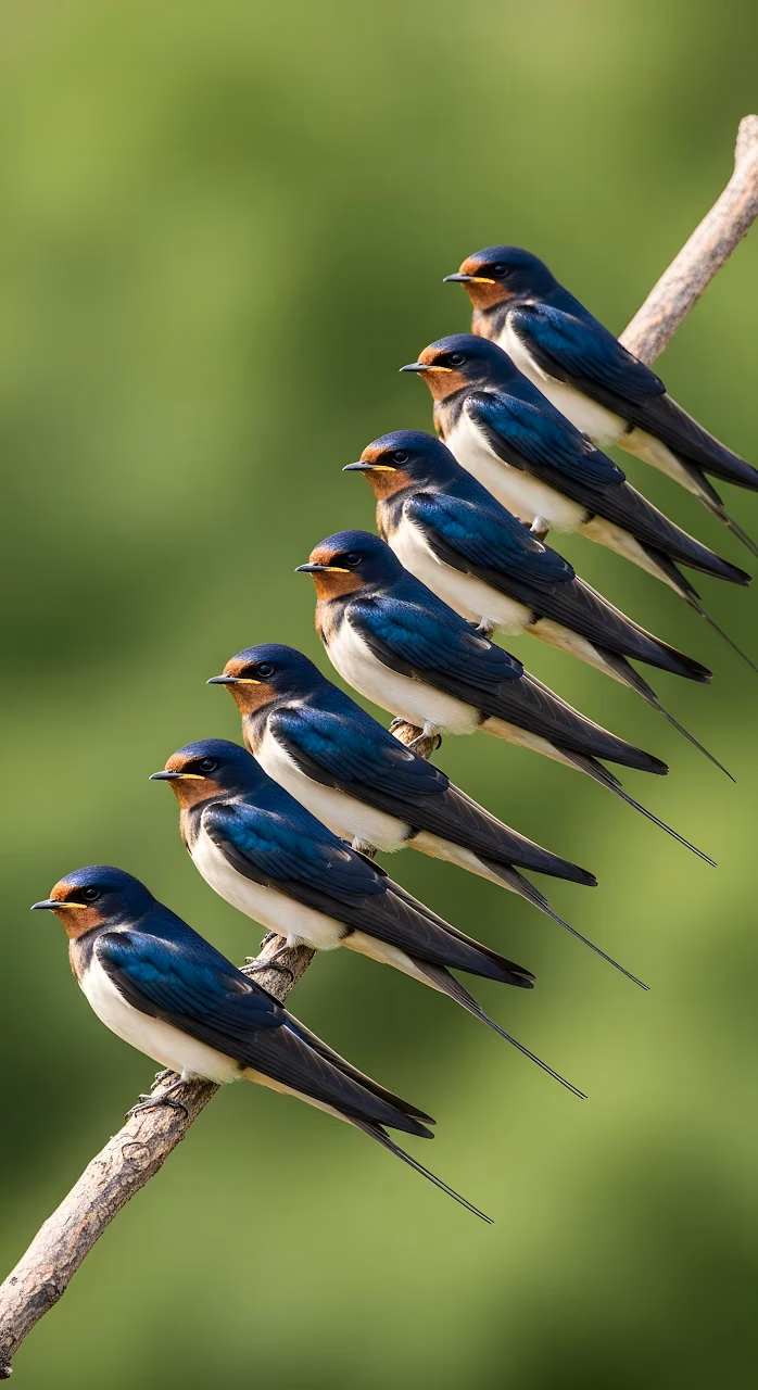 Seven Barn Swallows Perched Branch Green Bokeh Nature - Free Mobile AMOLED Wallpaper Background