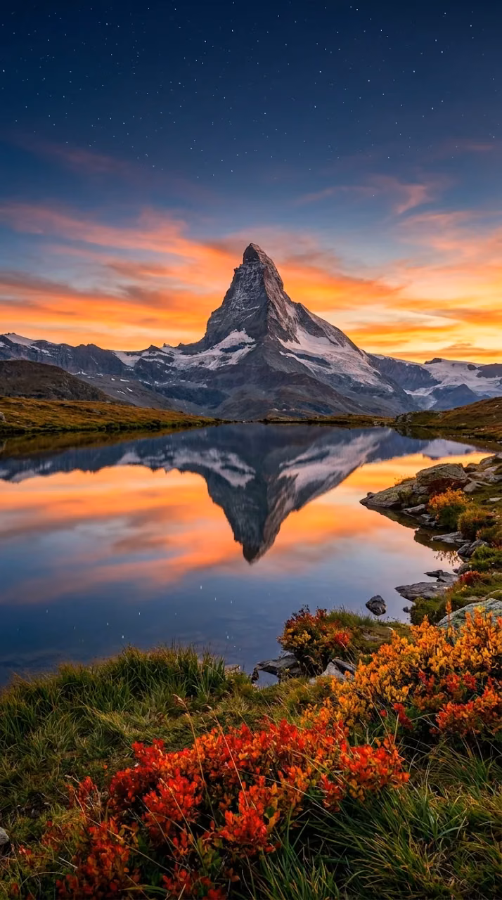 Sharp Mountain Peak and Lake Reflection at Orange Sunset - Free Mobile AMOLED Wallpaper Background