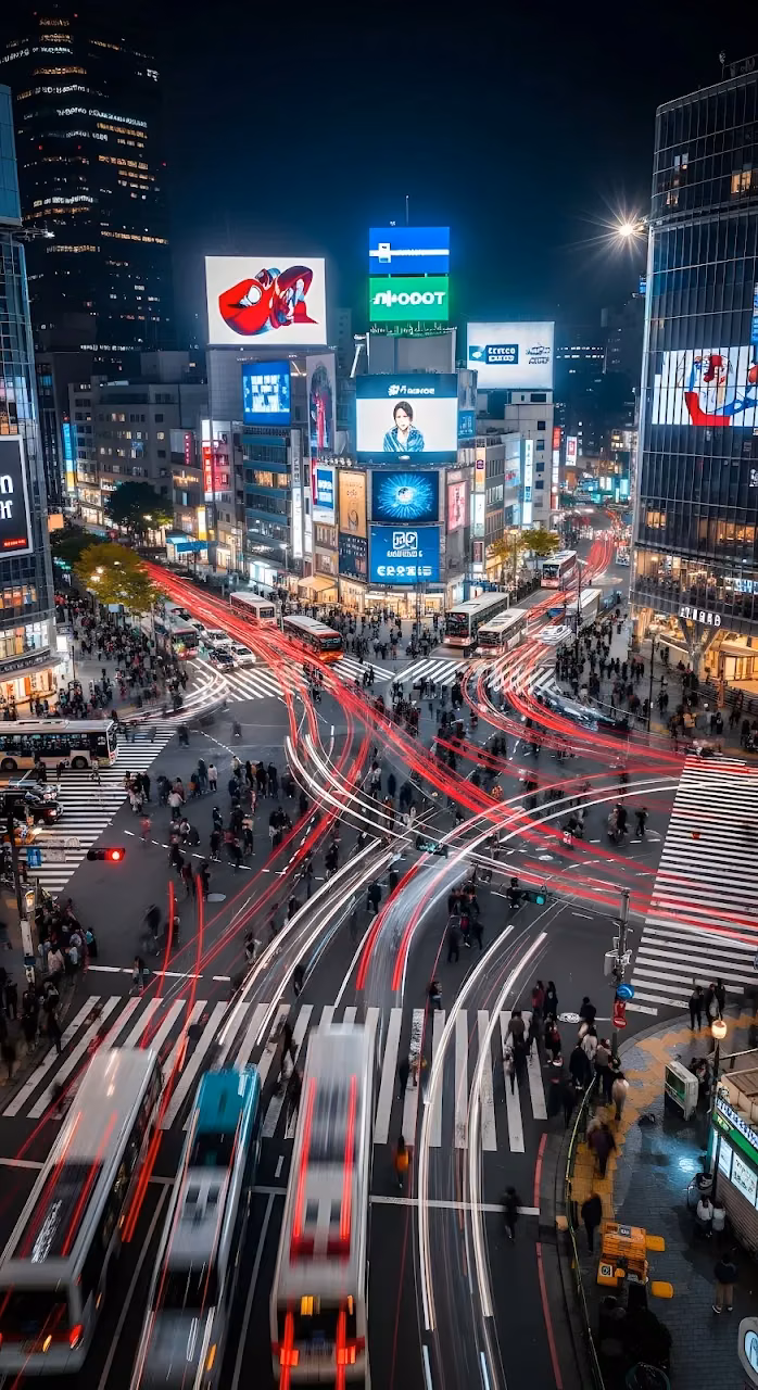 Download Shibuya Crossing Time-Lapse Light Trails at Night Wallpaper in Mobile HD Shibuya Crossing Time-Lapse Light Trails at Night - Free Mobile AMOLED Wallpaper Background