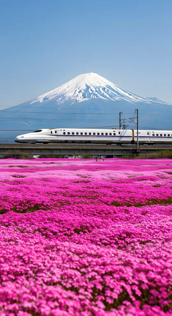 Shinkansen Bullet Train Mount Fuji Pink Shibazakura Field - Free Mobile AMOLED Wallpaper Background